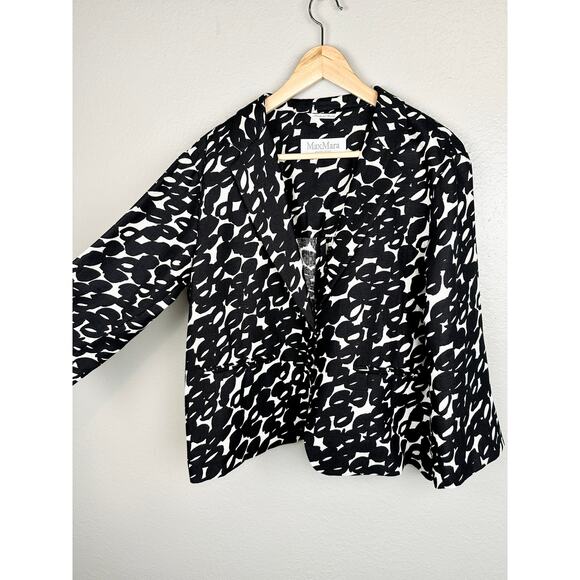 MaxMara 100% Pure Flax Linen Blazer Italy 12 Patterned Black White Single Button - Picture 2 of 13
